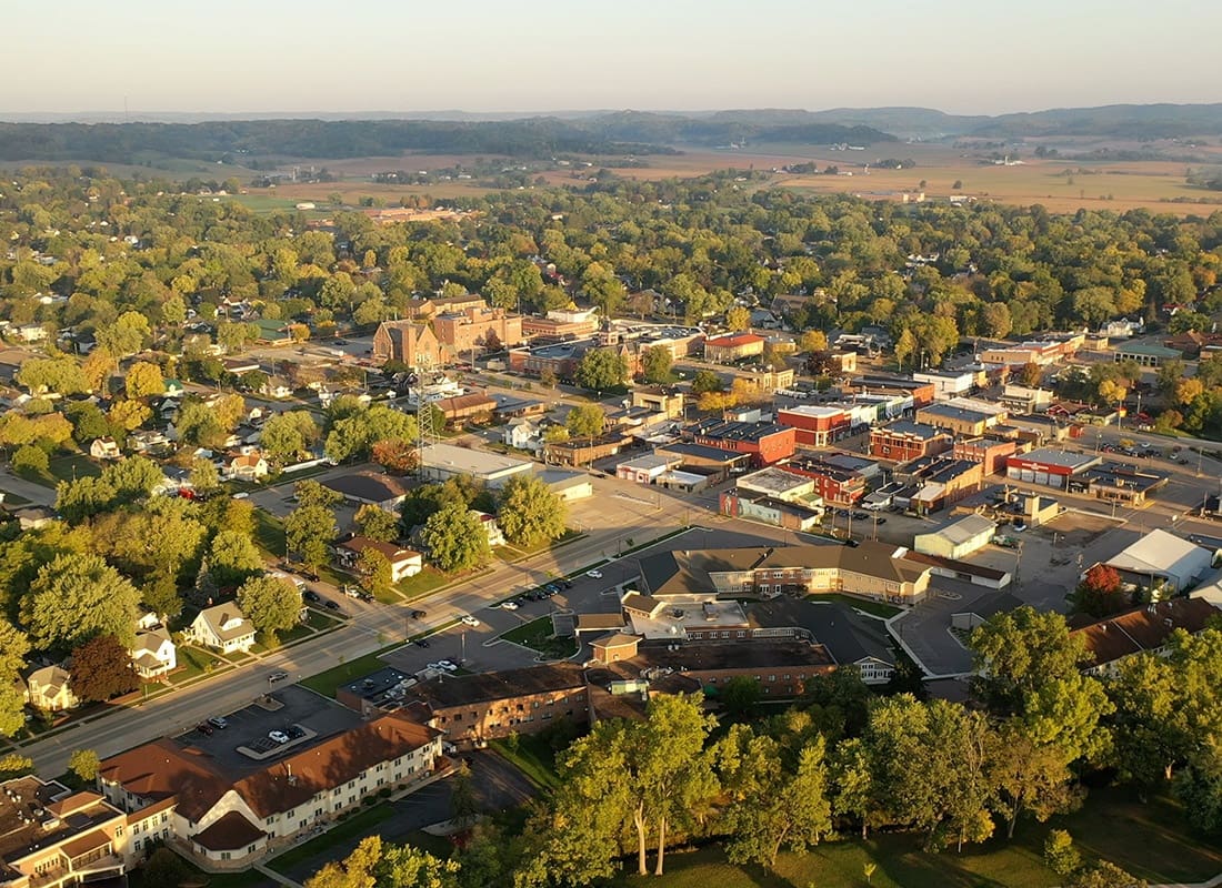 Storm Lake, IA - Aerial view of a small midwestern town